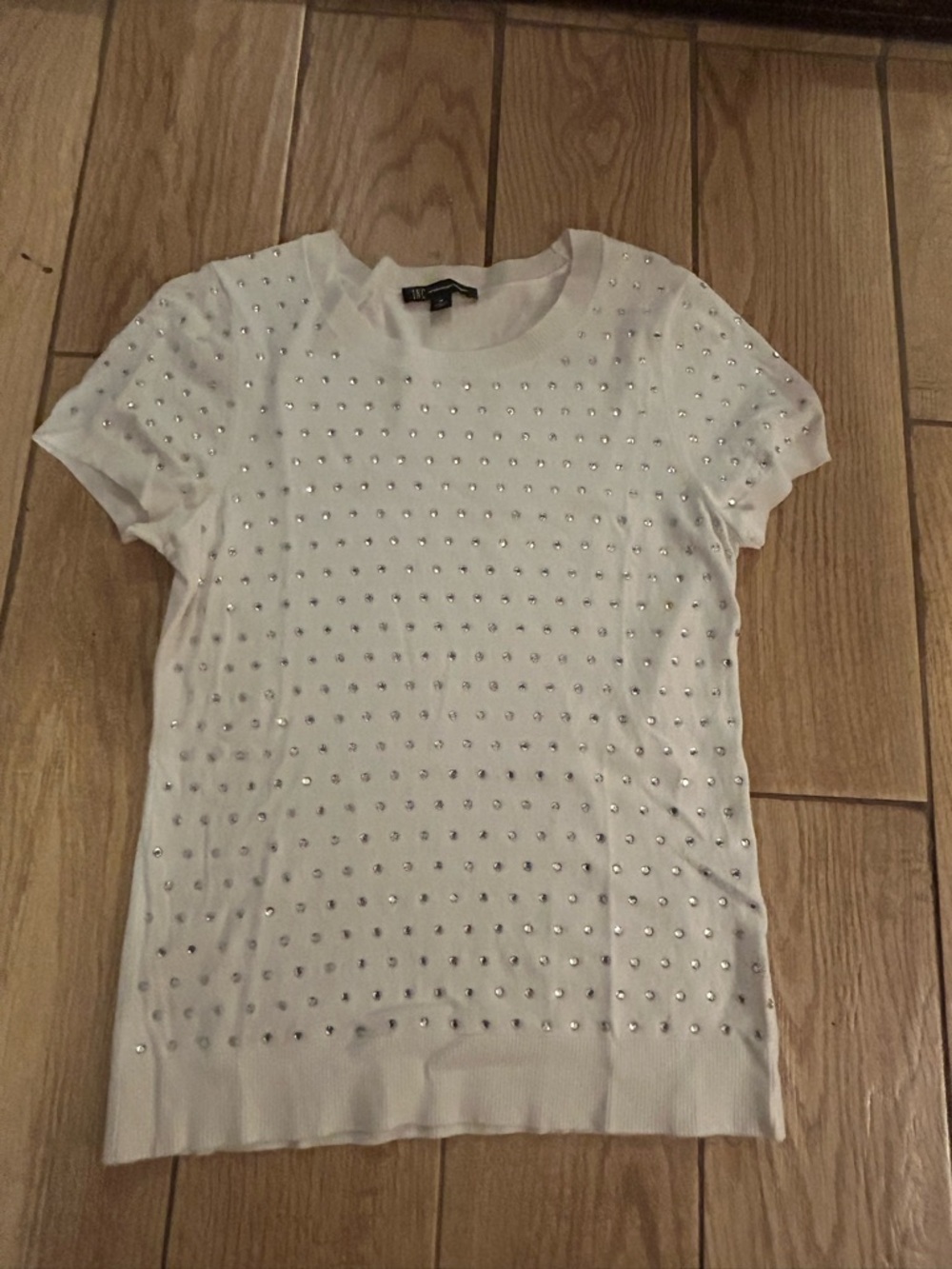 INC International Concepts White Short-Sleeve Knit Top with Studded Rhinestones